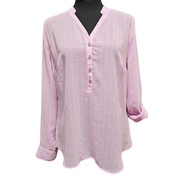 a.n.a. Full Sheer Pink and White Loose Fit Heart Pattern Roll Up Button Sleeves - Picture 1 of 6